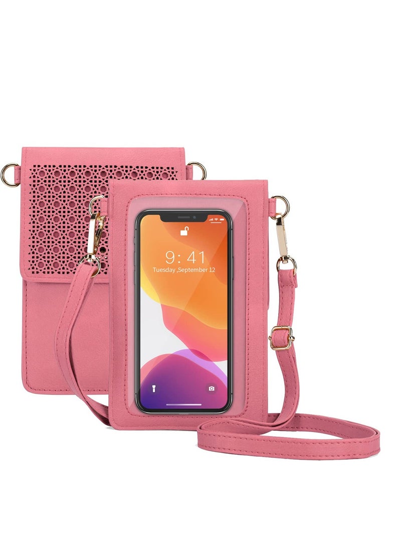 SYOSI Crossbody Phone Purse for Women, 6.4" Lightweight Leather Touchscreen Phone Bag Shoulder Cellphone Purses, Phone Wallet Case with Clear Window, Rose Red  - Image 1