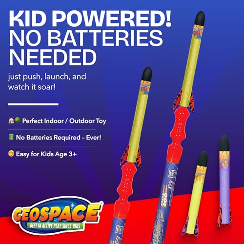 Geospace Hand Held Jr. Pump Rocket Combo Battle Pack – Flying Foam Rockets Outdoor Toys for Kids, Boys & Girls – 30" Set with 2 Launchers & 6 Rockets Set – Hand Stomper Rocket Toy - Cool Toys for Fun - Image 4