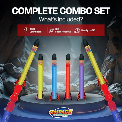 Geospace Hand Held Jr. Pump Rocket Combo Battle Pack – Flying Foam Rockets Outdoor Toys for Kids, Boys & Girls – 30" Set with 2 Launchers & 6 Rockets Set – Hand Stomper Rocket Toy - Cool Toys for Fun - Image 2