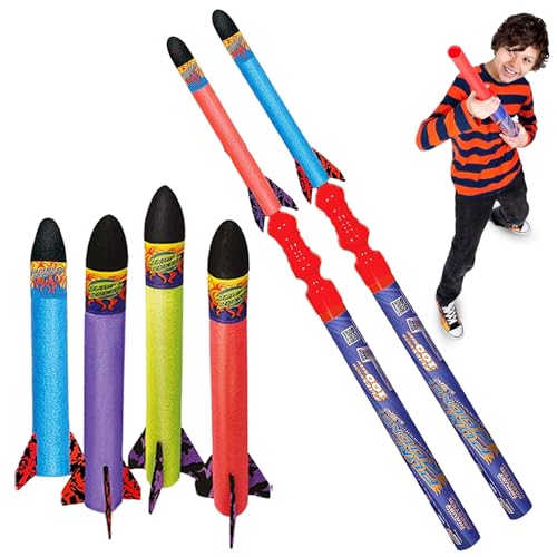 Geospace Hand Held Jr. Pump Rocket Combo Battle Pack – Flying Foam Rockets Outdoor Toys for Kids, Boys & Girls – 30" Set with 2 Launchers & 6 Rockets Set – Hand Stomper Rocket Toy - Cool Toys for Fun - Image 1