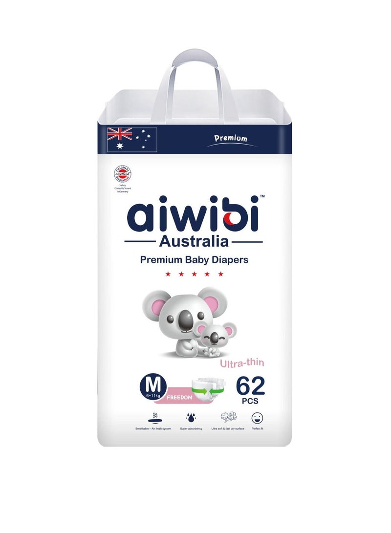 aiwibi Ultra Thin Premium Baby Diapers - Size (3) Medium 62 Pcs (06-11kg) Super soft, Breathable, High absorbent and Hypoallergenic Diapers - Image 1