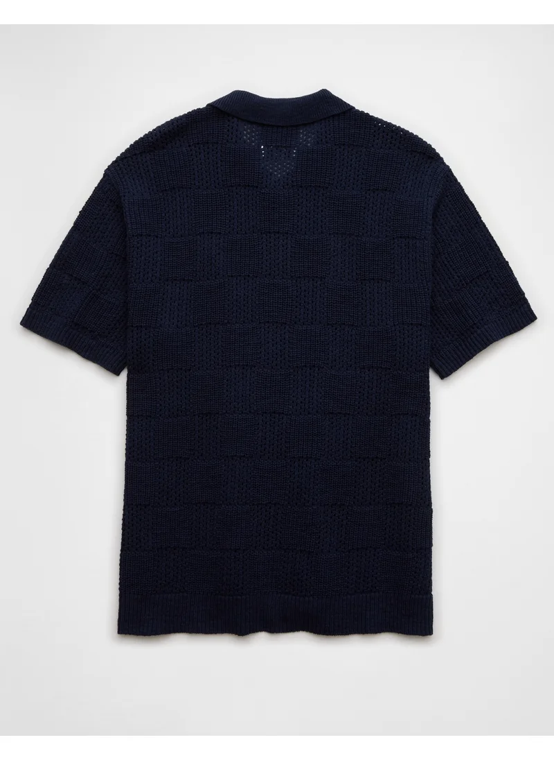 American Eagle AE Weekend Checkerboard Button-Up Sweater Polo Shirt
