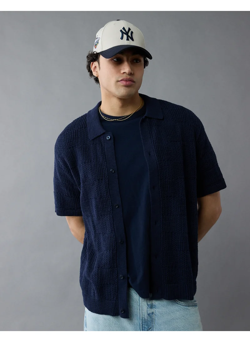 American Eagle AE Weekend Checkerboard Button-Up Sweater Polo Shirt