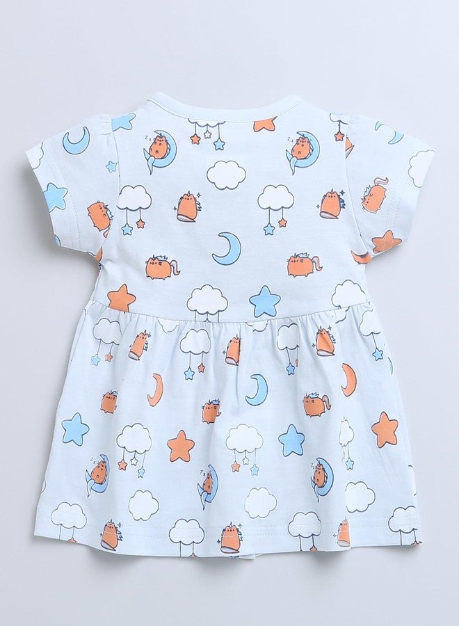 BUMZEE Light Blue Girls Half Sleeves Cotton Frock Age - 6-9 Months (Peb9102D-wht) - Image 2