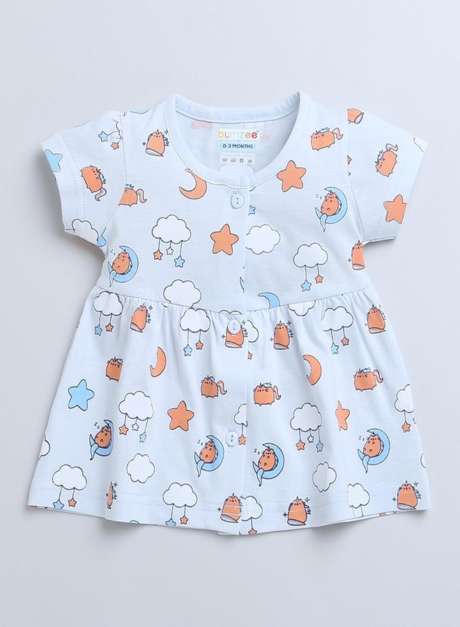 BUMZEE Light Blue Girls Half Sleeves Cotton Frock Age - 6-9 Months (Peb9102D-wht) - Image 4