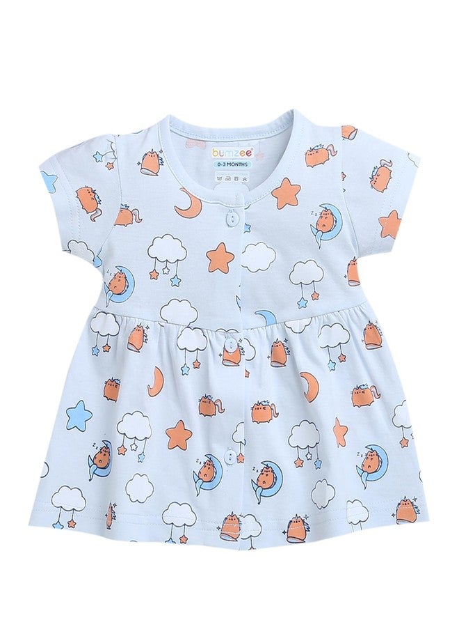 BUMZEE Light Blue Girls Half Sleeves Cotton Frock Age - 6-9 Months (Peb9102D-wht) - Image 1