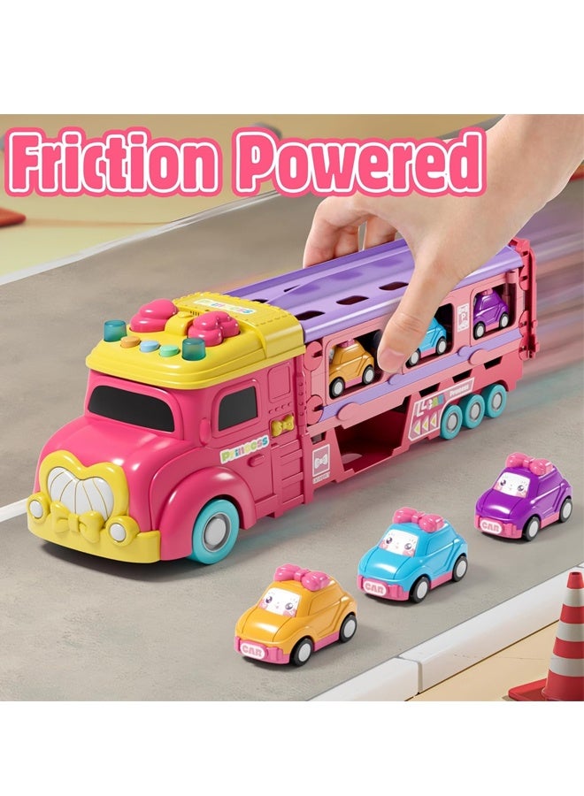 هالامودو الشاحنة الناقلة لعب للأطفال، الأميرة القابلة للطي هاولر مسار الطرد سيارة و 6 كرتون سيارة مع الضوء والأصوات، الشاحنة لعب الأطفال لعب 3 4 5 6 + سنة البنات-الوردي - Image 3