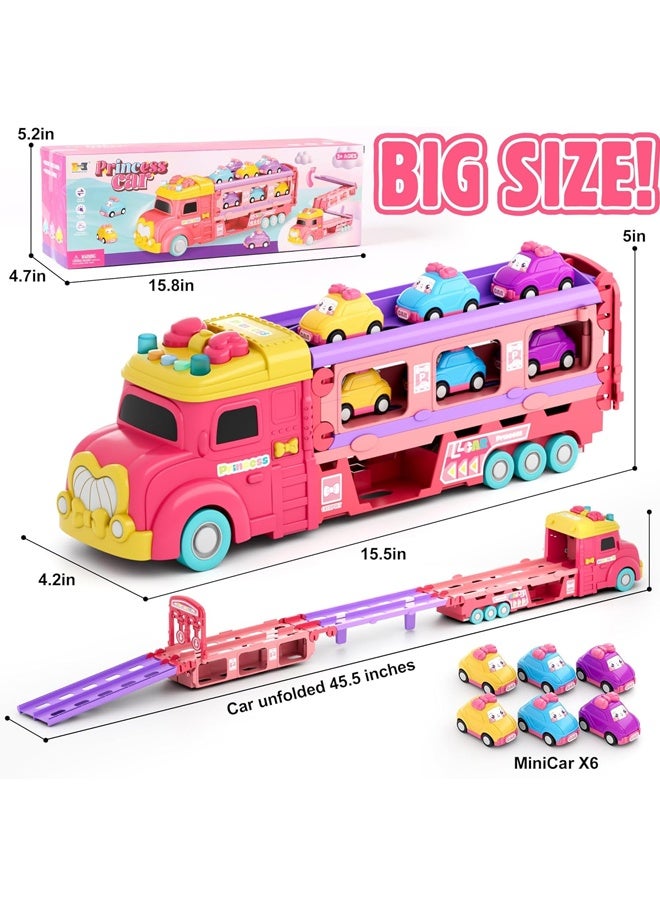 هالامودو الشاحنة الناقلة لعب للأطفال، الأميرة القابلة للطي هاولر مسار الطرد سيارة و 6 كرتون سيارة مع الضوء والأصوات، الشاحنة لعب الأطفال لعب 3 4 5 6 + سنة البنات-الوردي - Image 5