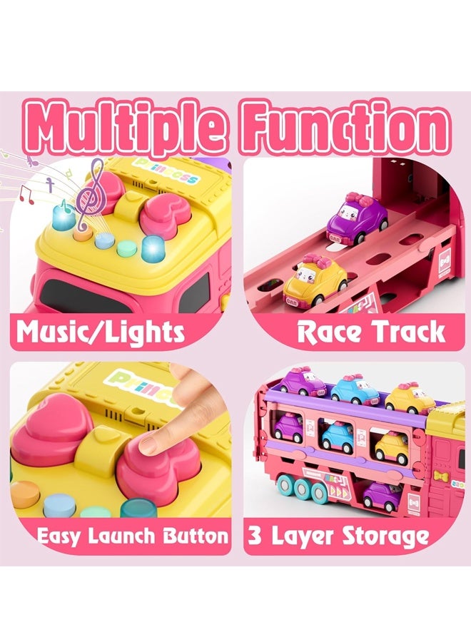 هالامودو الشاحنة الناقلة لعب للأطفال، الأميرة القابلة للطي هاولر مسار الطرد سيارة و 6 كرتون سيارة مع الضوء والأصوات، الشاحنة لعب الأطفال لعب 3 4 5 6 + سنة البنات-الوردي - Image 4
