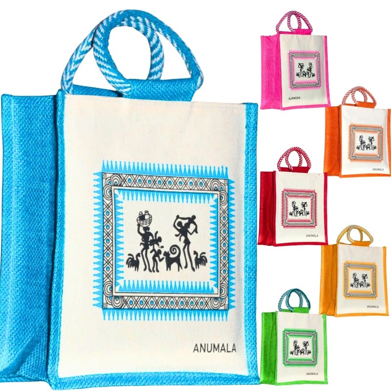 Anumala® Canvas Jute Bags with Tribal Print for Daily use | Tote - Jute - Lunch - Multipurpose Bag ǀ Reusable | Return Gift Bag | Multicolor (10x11x5) inches. (Multi_Pack_Of_6pcs) - Image 5