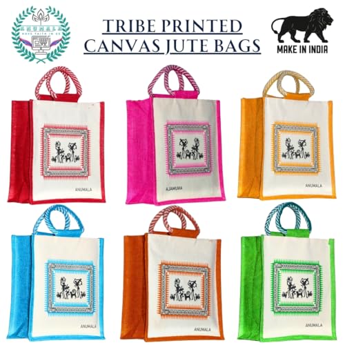 Anumala® Canvas Jute Bags with Tribal Print for Daily use | Tote - Jute - Lunch - Multipurpose Bag ǀ Reusable | Return Gift Bag | Multicolor (10x11x5) inches. (Multi_Pack_Of_6pcs) - Image 3