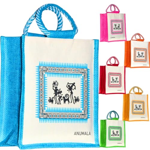 Anumala® Canvas Jute Bags with Tribal Print for Daily use | Tote - Jute - Lunch - Multipurpose Bag ǀ Reusable | Return Gift Bag | Multicolor (10x11x5) inches. (Multi_Pack_Of_6pcs) - Image 1