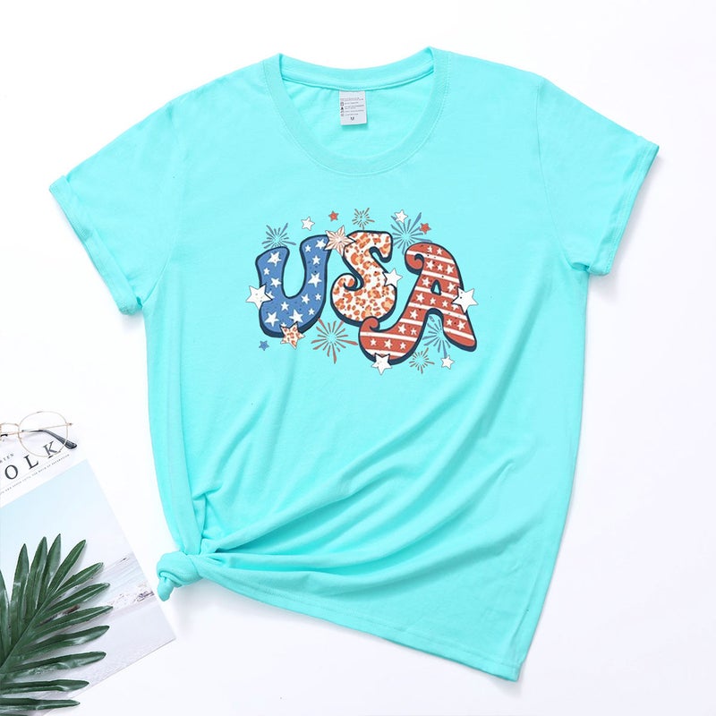 2023 New Festival US Independence Day USA Fun Printed Round Neck Short Sleeve Women's T-shirt - Image 1