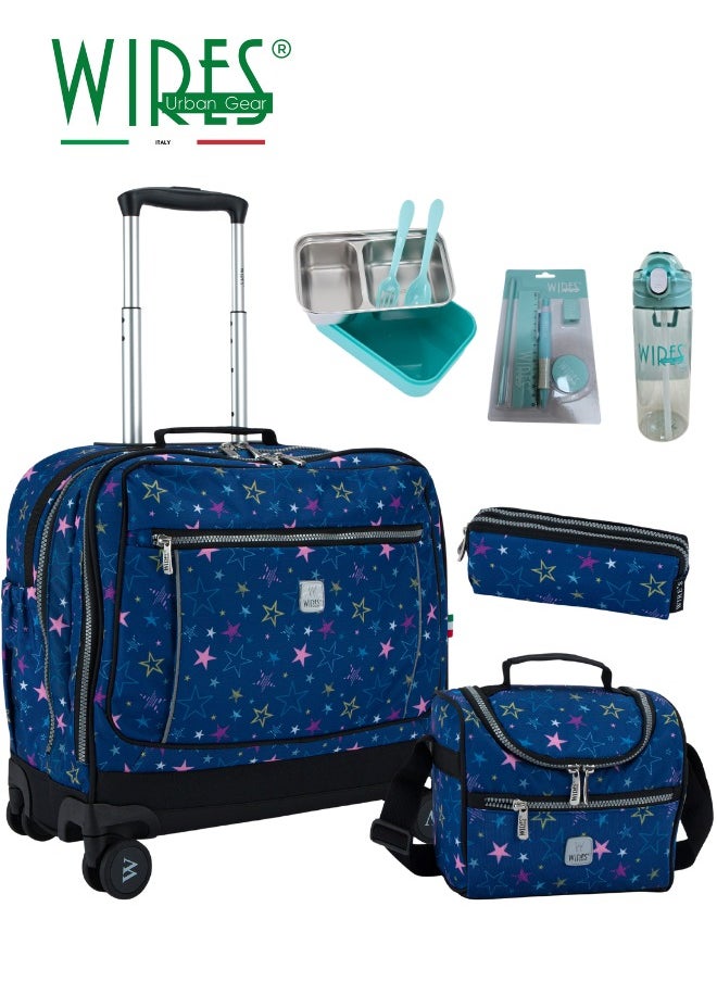 Wires 3 Piece Kids School Trolley Bag laptop compartment8Wheels With Lunch bag & Pencil Case  - Image 1