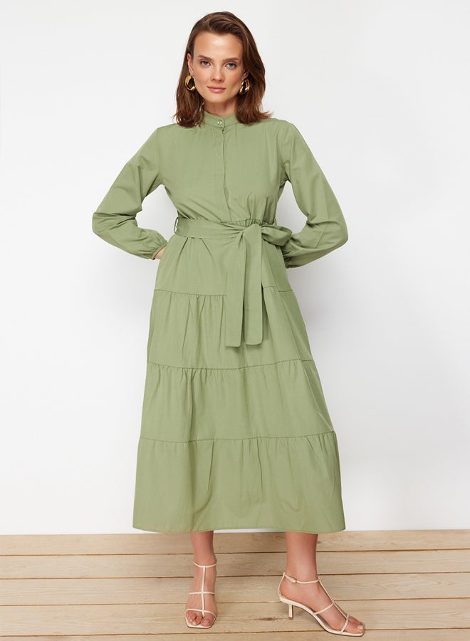 trendyol Light Khaki Belted Magnificent Collar Button Detailed Woven Dress TCTSS21EL3343  - Image 2