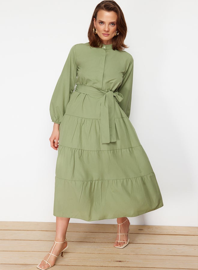 trendyol Light Khaki Belted Magnificent Collar Button Detailed Woven Dress TCTSS21EL3343  - Image 3