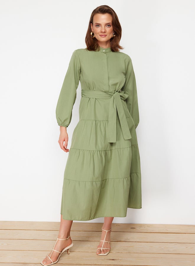 trendyol Light Khaki Belted Magnificent Collar Button Detailed Woven Dress TCTSS21EL3343  - Image 1