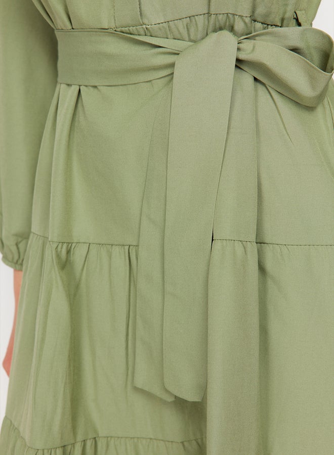 trendyol Light Khaki Belted Magnificent Collar Button Detailed Woven Dress TCTSS21EL3343  - Image 5