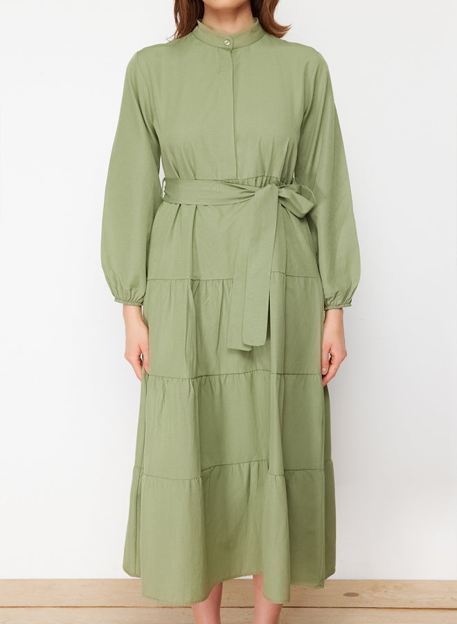 trendyol Light Khaki Belted Magnificent Collar Button Detailed Woven Dress TCTSS21EL3343  - Image 4