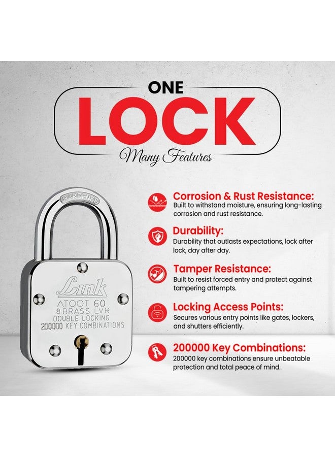 Link® Atoot 60mm Lock | 2 Lakhs Keys Combination Steel Body | Hardened Shackle | 8 Brass Levers | Made in India | 1 Padlock 3 Silver Keys - Image 2
