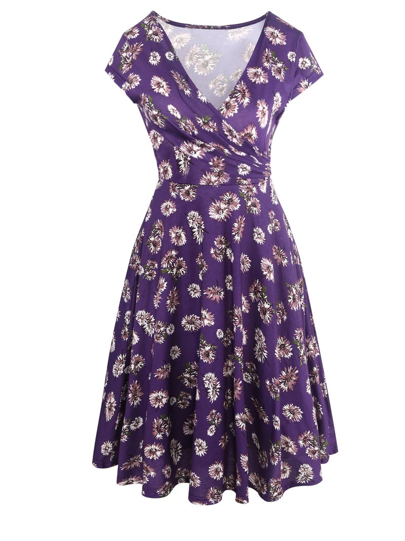 oxiuly Women's V-Neck Cap Sleeve Floral Casual Work Stretchy Swing Dress OX233 (L, Purple Floral) - Image 2
