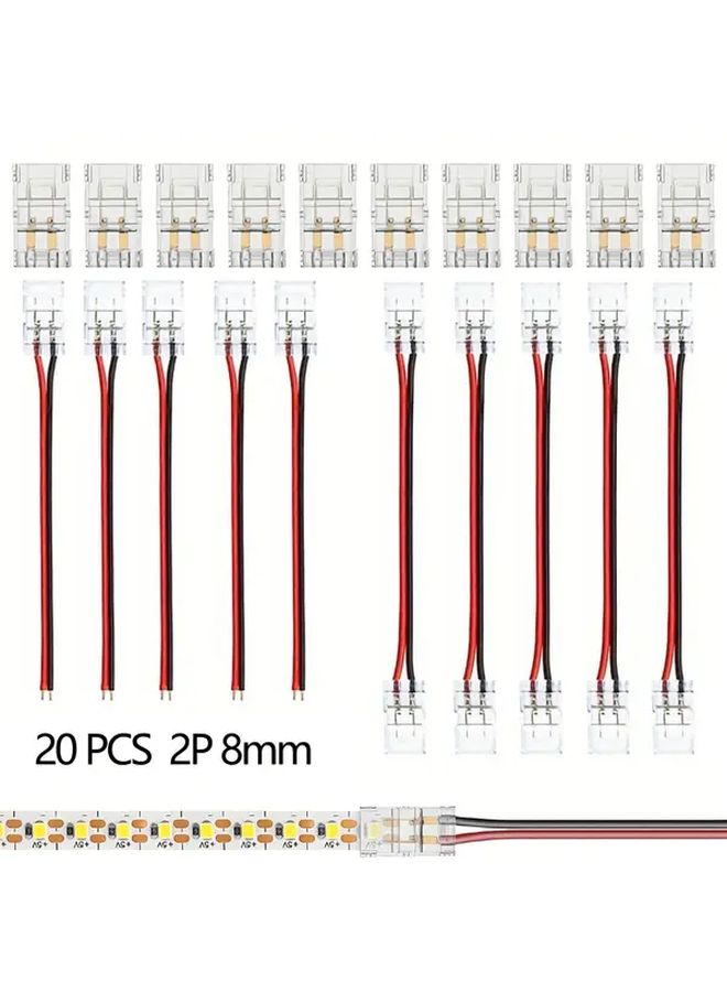 20 Pcs 2 Pin 8mm LED Strip Connectors Crystal Locking Fast Connect Plug And Play Wiring Transparent Housing - Image 1