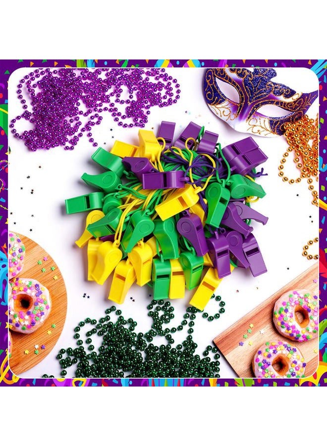 Kingdder 120 Pcs Mardi Gras Throws Plastic Whistles Bulk with Lanyard Mardi Gras Accessories Loud Crisp Sound Whistles Class School Prizes Gift for Party Parade Carnival Holiday Birthday Supplies - Image 3