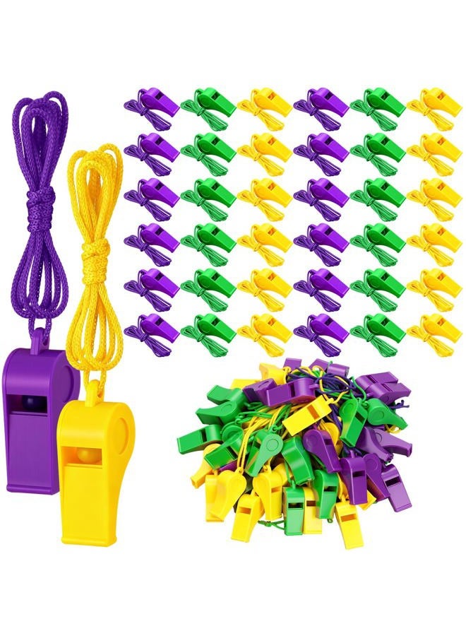 Kingdder 120 Pcs Mardi Gras Throws Plastic Whistles Bulk with Lanyard Mardi Gras Accessories Loud Crisp Sound Whistles Class School Prizes Gift for Party Parade Carnival Holiday Birthday Supplies - Image 1
