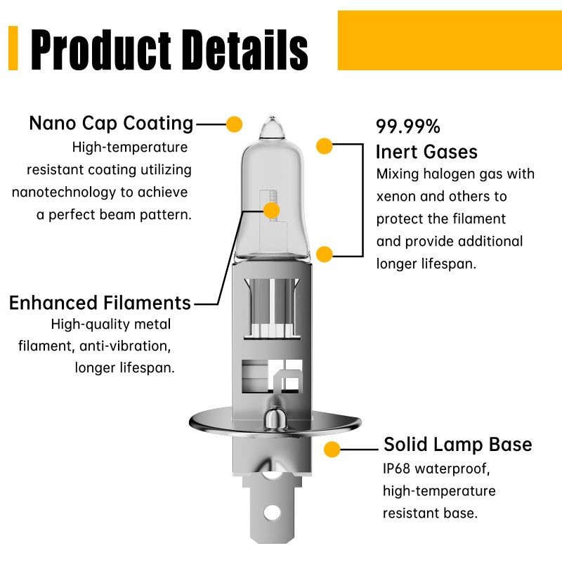 OKOENIEO H1 Halogen Headlight Bulbs, H1 Bulb,12V 55W, 4000 Lumens, 3800K, No Glare, High Beam, Standard Headlight Bulb,High Beam Headlight Bulb,Light Bulbs for Car, Pack Of 2 - Image 5