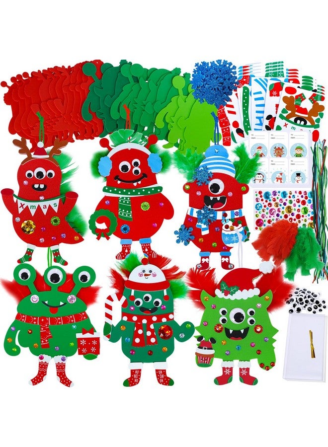 Winlyn 24 Sets Christmas Craft Kits Winter Crafts DIY Monster Ornaments Decorations Art Sets Foam Monster Christmas Stickers Googly Eyes Feathers for Kids Holiday Home Classroom Activities Party Favor - Image 1