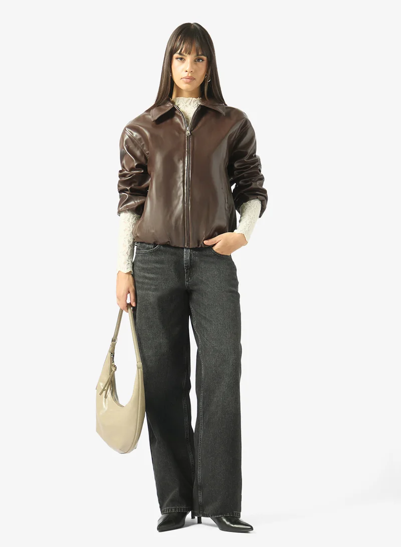 Ginger  Oversize Zip Up PU Bomber Jacket for Women | Best Price UAE