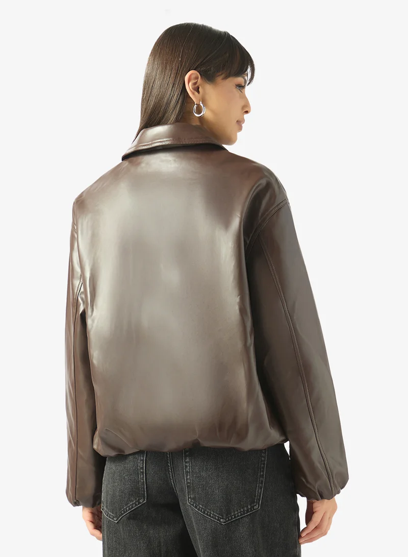 Ginger  Oversize Zip Up PU Bomber Jacket for Women | Best Price UAE