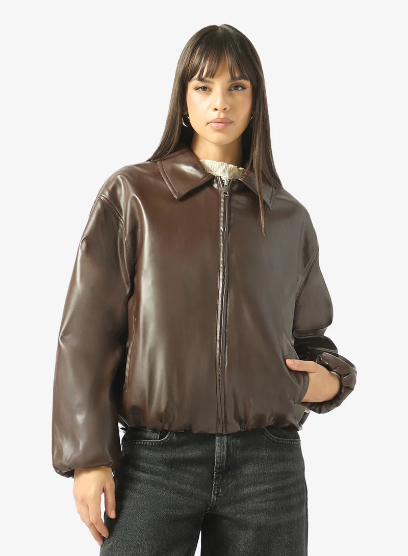 Oversize Zip Up PU Bomber Jacket