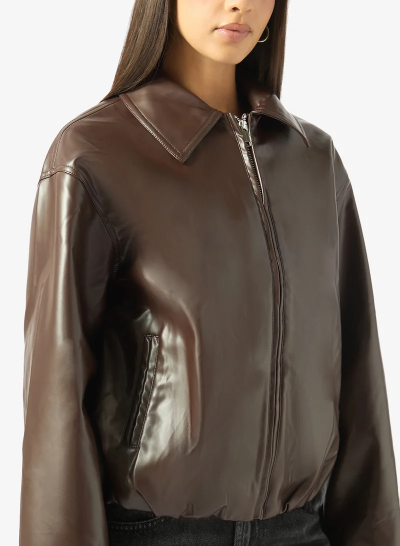 Ginger  Oversize Zip Up PU Bomber Jacket for Women | Best Price UAE