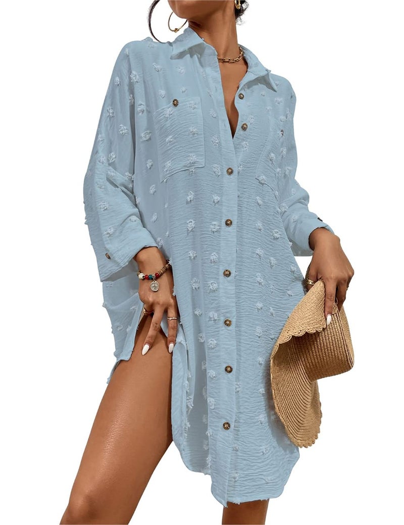 Bsubseach Women Swimsuit Coverup Blouse Button Down Shirt Dresses Swiss Dot Tops Light Blue - Image 1