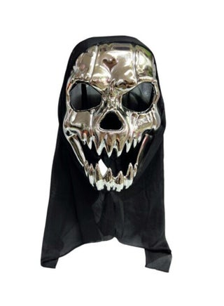 Halloween Silver Skull Mask – Scary Face with Black Hood