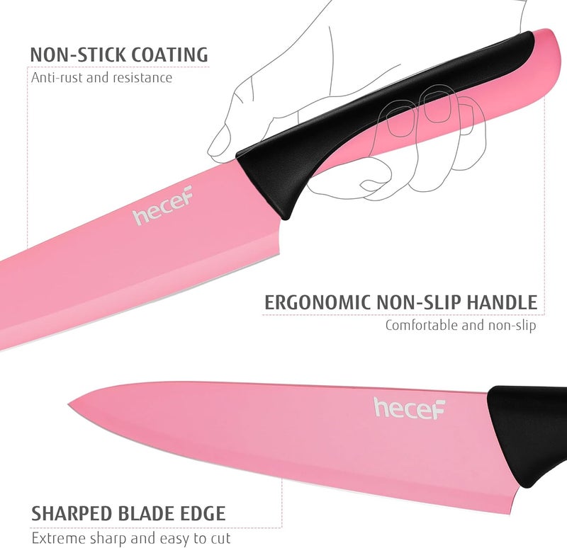 hecef 13 Pieces Kitchen Knife Set with Built-in Sharpening Wooden Block, Dishwasher Safe, High Carbon Stainless Steel Knife Block Set with Steak Knives, Kitchen Scissors, Pink - Image 3