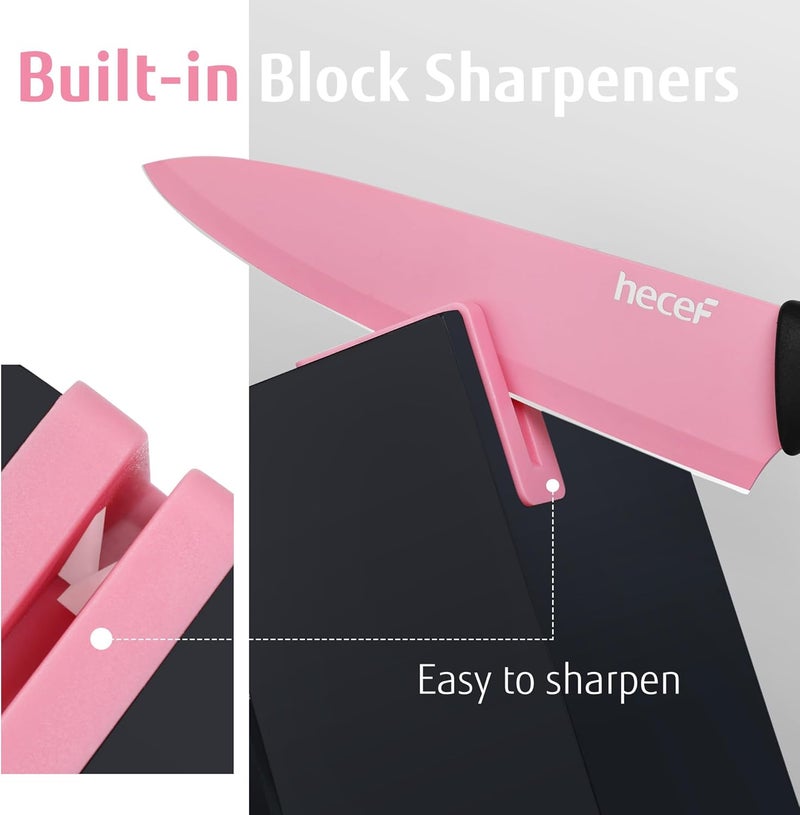 hecef 13 Pieces Kitchen Knife Set with Built-in Sharpening Wooden Block, Dishwasher Safe, High Carbon Stainless Steel Knife Block Set with Steak Knives, Kitchen Scissors, Pink - Image 2