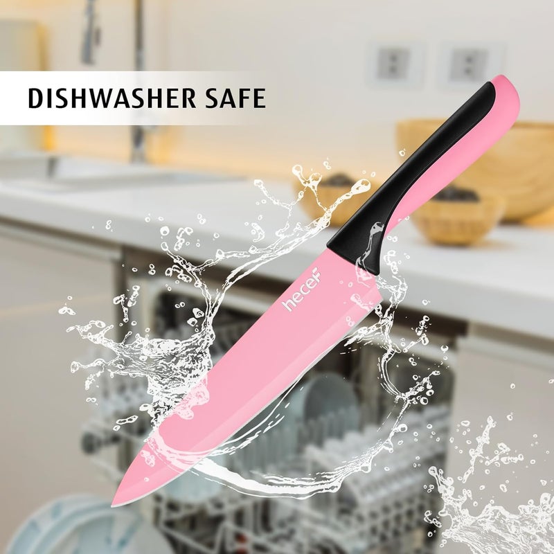 hecef 13 Pieces Kitchen Knife Set with Built-in Sharpening Wooden Block, Dishwasher Safe, High Carbon Stainless Steel Knife Block Set with Steak Knives, Kitchen Scissors, Pink - Image 4