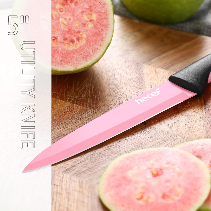 hecef 13 Pieces Kitchen Knife Set with Built-in Sharpening Wooden Block, Dishwasher Safe, High Carbon Stainless Steel Knife Block Set with Steak Knives, Kitchen Scissors, Pink - Image 5