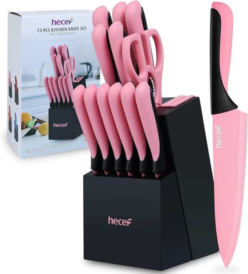 hecef 13 Pieces Kitchen Knife Set with Built-in Sharpening Wooden Block, Dishwasher Safe, High Carbon Stainless Steel Knife Block Set with Steak Knives, Kitchen Scissors, Pink - Image 1