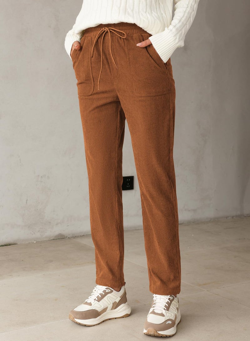 EVALESS Corduroy Pants for Women Dressy Casual Drawstring Elastic High Waist Straight Leg Pants Spring 2026 Loose Comfy Trousers with Pockets Orange X-Large - Image 5
