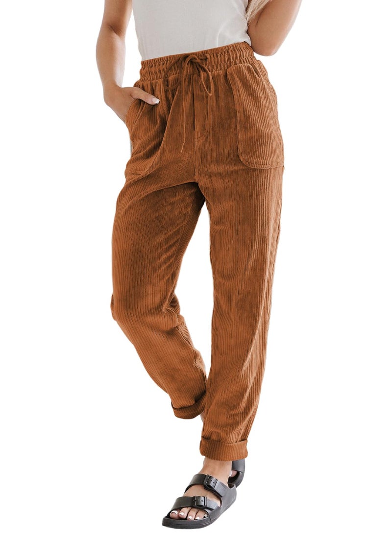 EVALESS Corduroy Pants for Women Dressy Casual Drawstring Elastic High Waist Straight Leg Pants Spring 2026 Loose Comfy Trousers with Pockets Orange X-Large - Image 1