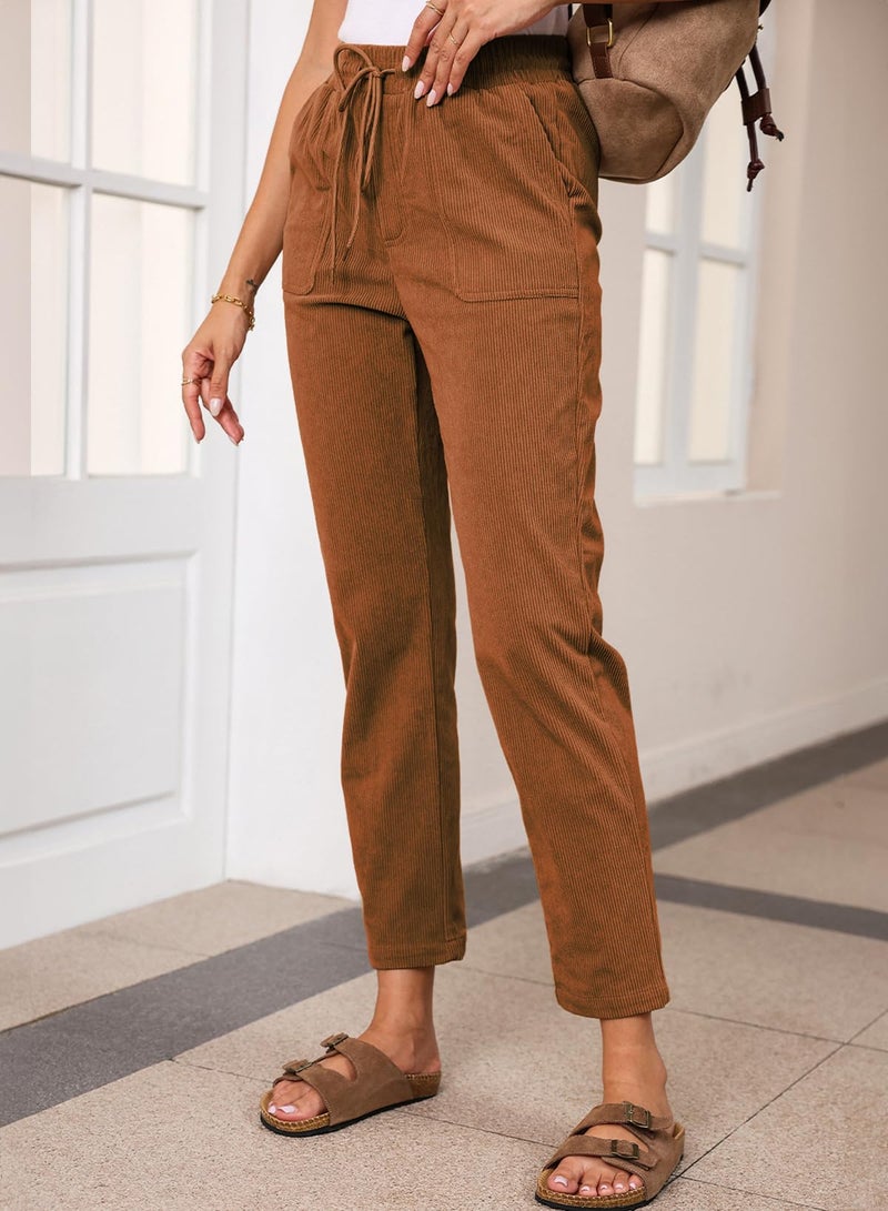 EVALESS Corduroy Pants for Women Dressy Casual Drawstring Elastic High Waist Straight Leg Pants Spring 2026 Loose Comfy Trousers with Pockets Orange X-Large - Image 3