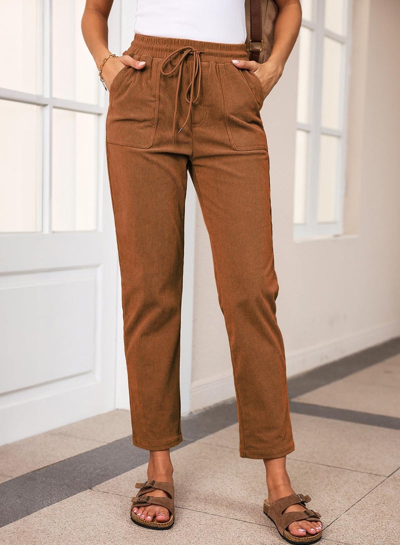 EVALESS Corduroy Pants for Women Dressy Casual Drawstring Elastic High Waist Straight Leg Pants Spring 2026 Loose Comfy Trousers with Pockets Orange X-Large - Image 2