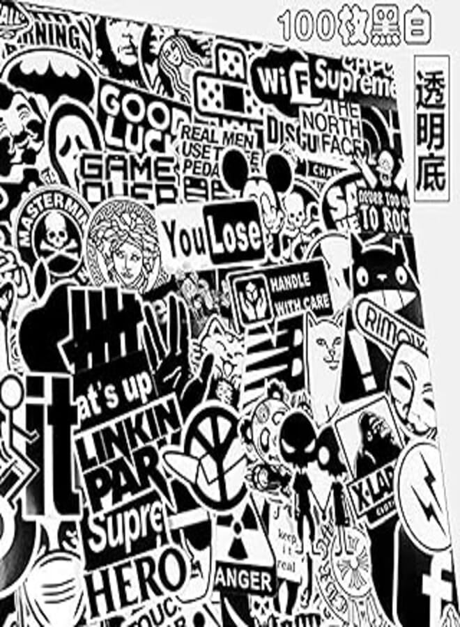 100 pcs transparent bottom black and white waterproof sticker car laptop mobile phone skateboard guitar suitcase Peel and Stick stickers
