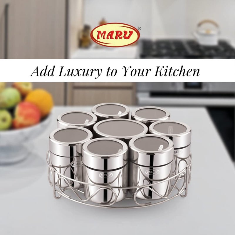 MARU طقم حاويات تخزين مارو من الفولاذ المقاوم للصدأ 8 في 1 للمطبخ مع أغطية ملولبة شفافة وحامل سلك دائري، صندوق تخزين متعدد الاستخدامات، مثالي للتوابل والأعشاب والفواكه المجففة، فضي - Image 4