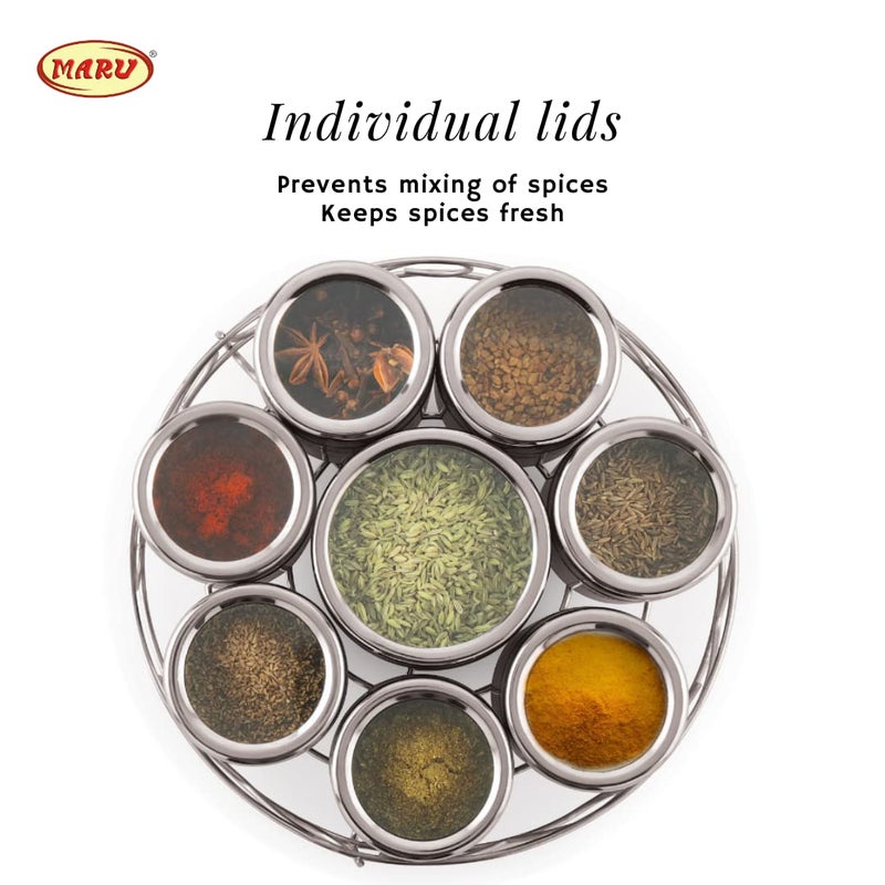 MARU طقم حاويات تخزين مارو من الفولاذ المقاوم للصدأ 8 في 1 للمطبخ مع أغطية ملولبة شفافة وحامل سلك دائري، صندوق تخزين متعدد الاستخدامات، مثالي للتوابل والأعشاب والفواكه المجففة، فضي - Image 5