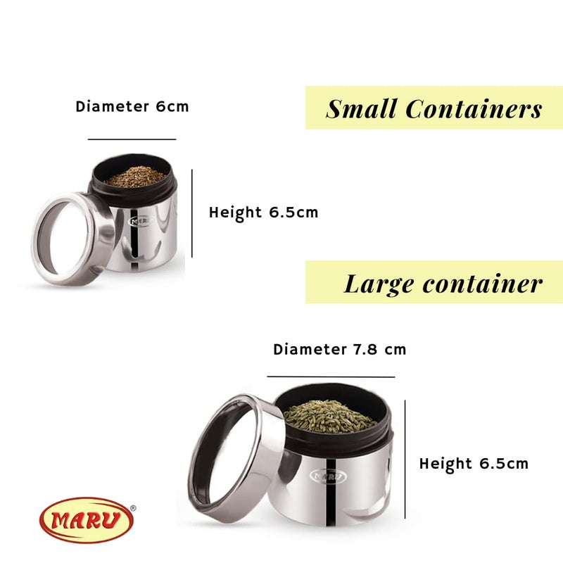 MARU طقم حاويات تخزين مارو من الفولاذ المقاوم للصدأ 8 في 1 للمطبخ مع أغطية ملولبة شفافة وحامل سلك دائري، صندوق تخزين متعدد الاستخدامات، مثالي للتوابل والأعشاب والفواكه المجففة، فضي - Image 2