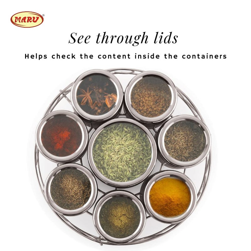 MARU طقم حاويات تخزين مارو من الفولاذ المقاوم للصدأ 8 في 1 للمطبخ مع أغطية ملولبة شفافة وحامل سلك دائري، صندوق تخزين متعدد الاستخدامات، مثالي للتوابل والأعشاب والفواكه المجففة، فضي - Image 3